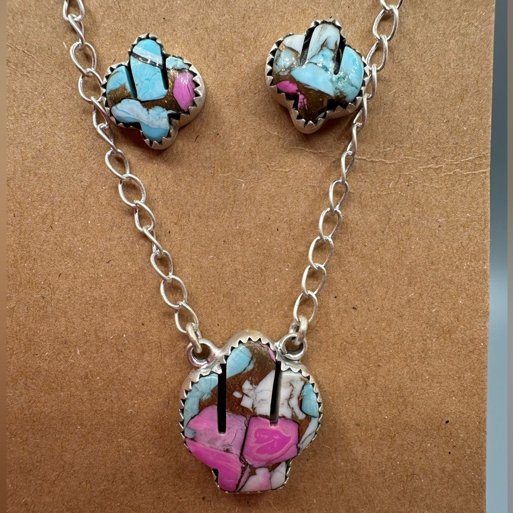 🌵 Sterling Silver 925 Cotton Candy Turquoise Cactus Necklace and Earrings Set - Picture 5 of 10